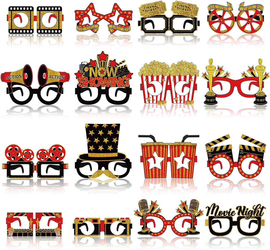 Pajean 32 Pcs Movie Night Party Decorations Eyeglasses Movie Theater Black Red Gold Paper Glasses Frame Film Props Photo Booth for Theater Themed Carpet Birthday Party Favors Supplies