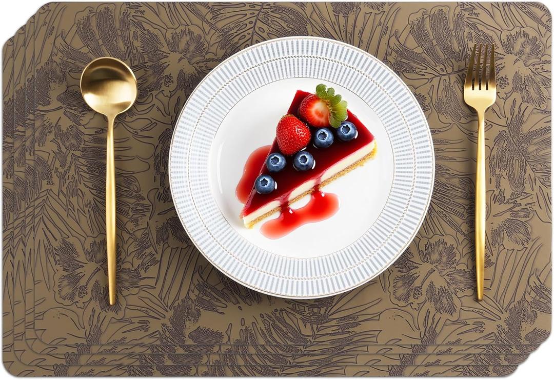 POLYTE Indoor/Outdoor Washable Embossed Vinyl Faux Leather Table Dining Placemats, Set of 4 (Olive Geen)