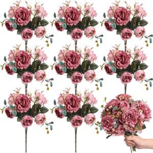 Yunsailing 8 Packs Artificial Peony Flowers Faux Silk Hydrangea Bouquet Vintage Wedding Home Table for Door Decor Reusable Bouquet of Rose Flowers for Valentine Wedding Birthday Party(Dark Pink)