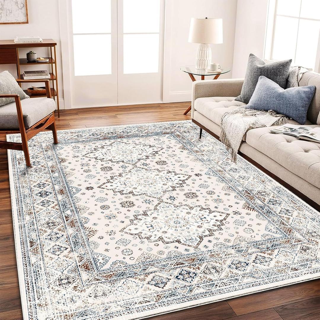 Washable Area Rug 10x14 Retro Flowers Boho Design Non-Shedding Easy Care Ideal for High Traffic Areas in Living Room Bedroom Office Coffee Table Kitchen Large Carpet (Blue and Gray)