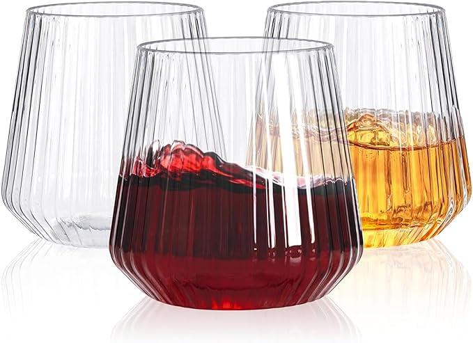 YOUBET 40 Pack Plastic Ribbed Wine Glasses  14 OZ Clear Thicker Origami Stemless Disposable Wine Glasses  Heavy Duty Unbreakable Vintage Whiskey Cups for Wedding Parties Bar