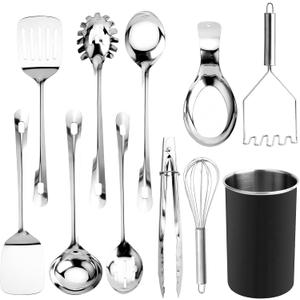 COOK WITH COLOR Kitchen Utensil Set - premium Nonstick & Heat Resistant Kitchen Gadgets, Turner, Spaghetti Server, Serving Spoons, Whisk, Tongs, Masher & Utensil Holder, 10-piece Black