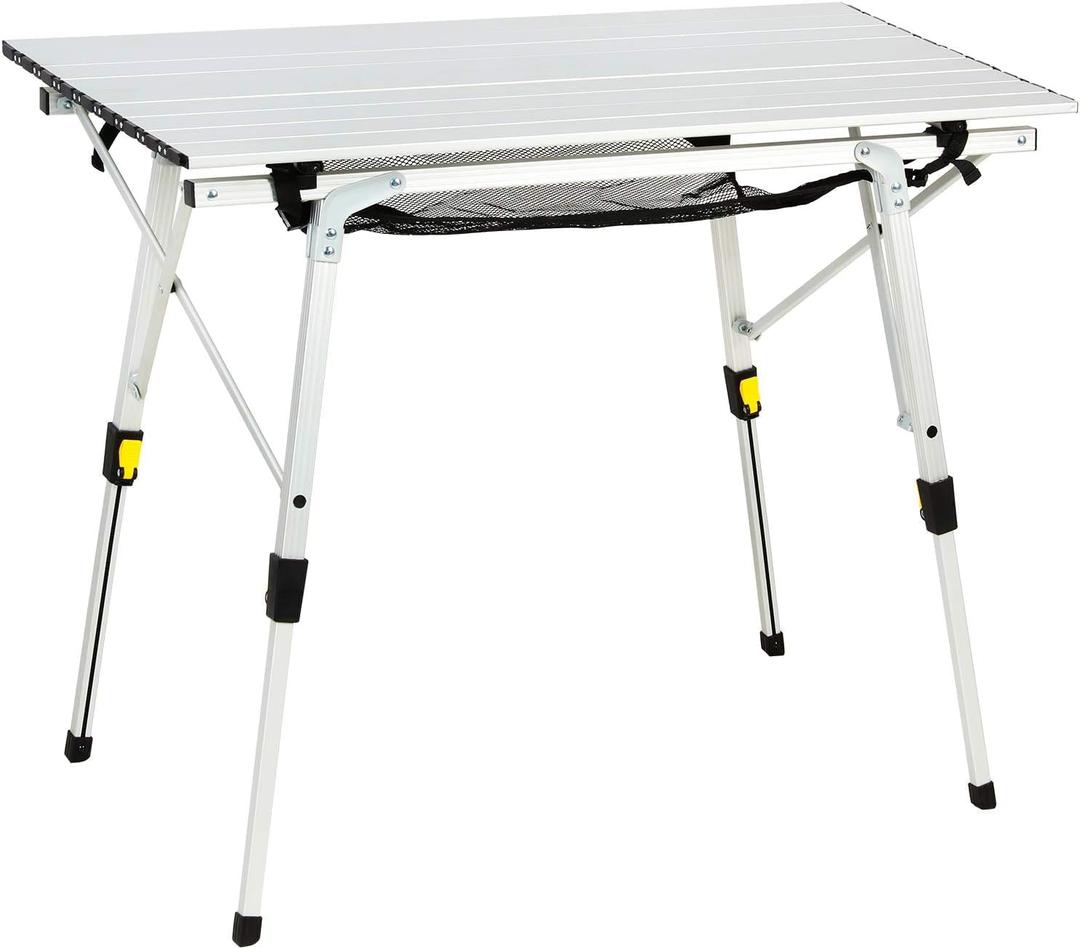 Portal Outdoor Folding Portable Picnic Camping Table with Adjustable Height Aluminum Roll Up Table Top Mesh Layer, Silver, Large-35.4"L x 20.9"W