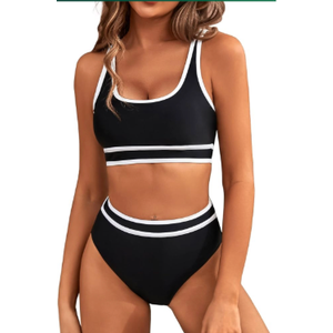 BMJL Women's High Waisted Bikini Sets Sporty Two Piece Swimsuits Color Block Cheeky High Cut Bathing Suits, Large 