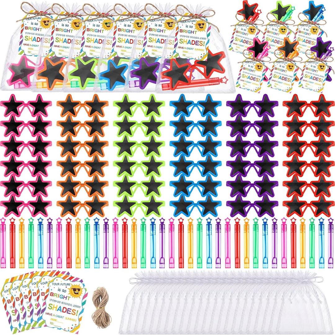 Kathfly 36 Sets End of Year Students Gift Bulk Include Star Sunglasses Bubble Wands Cards Organza Bags Kindergarten Preschool Gifts for Kids Teacher Classroom Summer Beach Party Favors(Star)