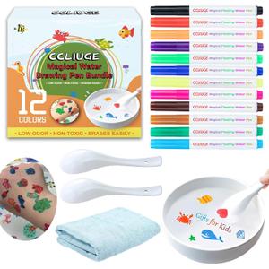 Kiddies Create Magical Floating Drawings Bundle, 12 Colors Magic Drawing Pens for Kids Water, Magical Water Painting Pen Set with Spoons & Towel, Water Art Markers for Tattoo, Gifts for Boys & Girls