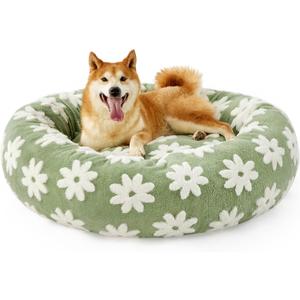 Lesure Donut Large Dog Bed - Round Cat Beds for Indoor Anti-Anxiety Calming Pet Beds, Washable Cute Modern Beds with Teddy Sherpa Plush & Anti Slip Bottom, 36 Inch, Green (Flower Garden Green)