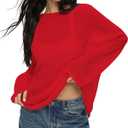 Cioatin Women Oversized Long Sleeve Sheer Mesh Knit Sweater Tops Y2K Summer Loose Hollow Out Pullover Jumper Shirt Beach Red (Red, S)