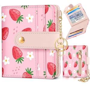 Bistup Wallet for Women Cute Bifold Small Card Wallet Rfid with Keychain for Ladies Teen Girls Female Medium Girly Aesthetic Thin Slim Strawberry Unique Pretty Modern Leather Credit Card Holder Purse