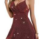 Peiqi Women's Glitter Rhinestone Dress Spaghetti Strap Flared Sparkle Party Cocktail Homecoming Dresses, M