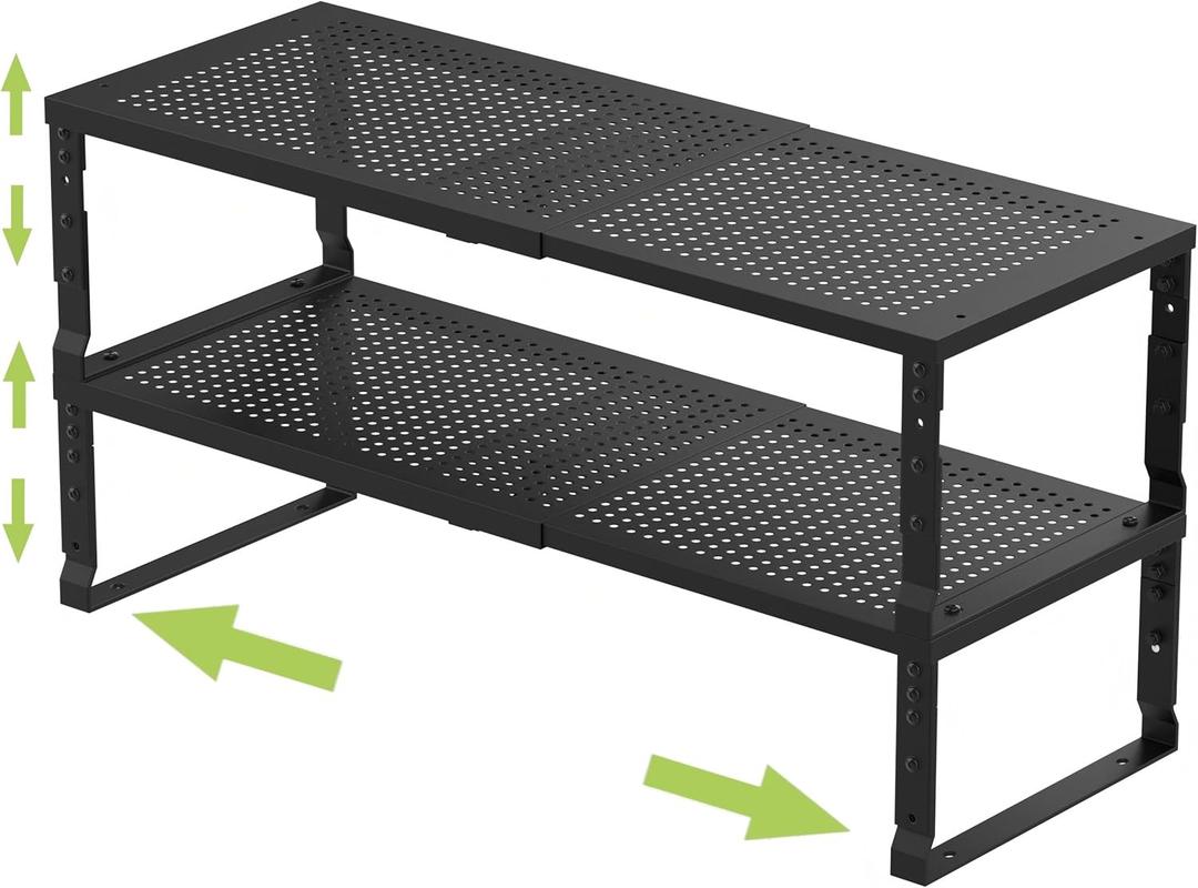 Expandable Adjustable Stackable Kitchen Organizer, Spice Rack,Metal Pantry Storage Shelves Racks,Counter Shelf for Cabinets, Countertop, Cupboard (2 Packs/Large/Black) (10.24"D x 16.6"~26.5"W x 6.1"/7.5"H)