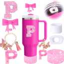 6PCS Pink Stanley Cup Accessories Set, Initials Decorations for Stanley Cup 30oz 40oz, Includes Bow Straw Topper, Handle Charm, Letter Sticker, Silicone Boot, Spill Proof Stopper (Letter P)