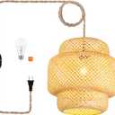 Plug in Pendant Light Rattan Hanging Lights with Plug in Cord Bamboo Hanging Lamp Dimmable,Handmade Woven Boho Wicker Basket Lamp Shade,Plug in Ceiling Light Fixture for Living Room Bedroom Kitchen