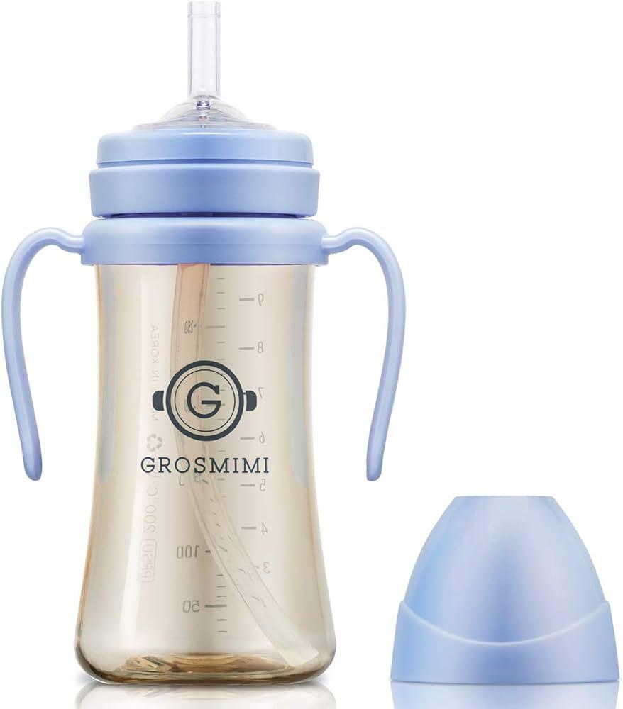 GROSMIMI Spill Proof no Spill Magic Sippy Cup with Straw with Handle for Baby and Toddlers, Customizable, PPSU, BPA Free 10 oz (Sky blue)