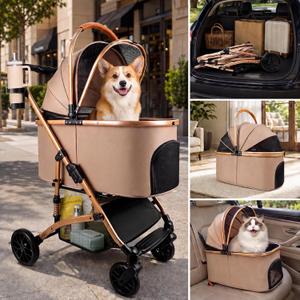 3-in-1 Pet Stroller for 2 Small/ 1 Medium Dogs & Cats, All-Terrain Foldable Dog Stroller with Detachable Carrier & Car Seat, 50 lbs Capacity, Aluminum Frame, Spring Shock Absorption, Dual Brake, Khaki
