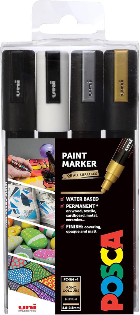 posca Markers Set, 4 Medium Paint Markers 5M  Mono Tones  Black, White, Gold, Silver
