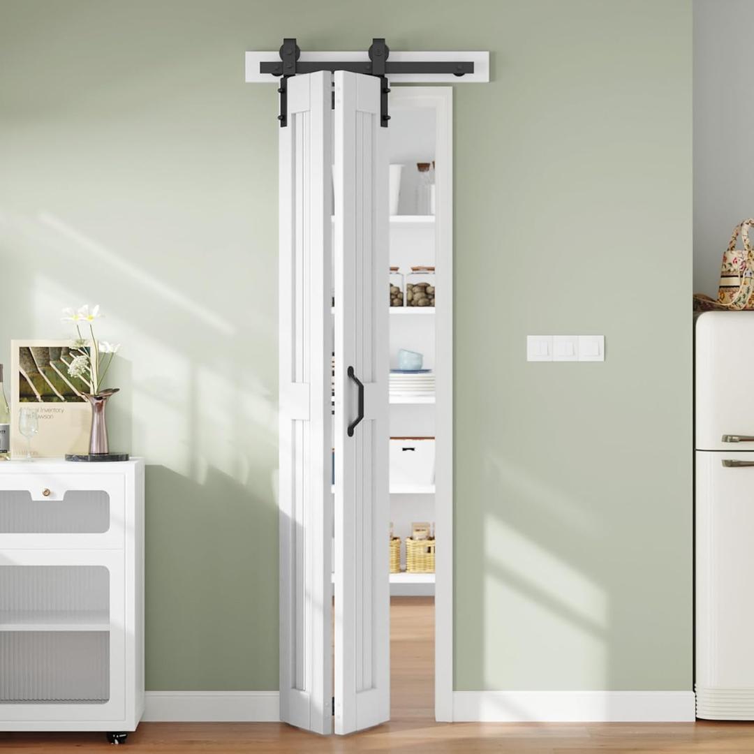 Bifold Barn Door 28 x 84 in (Double 14 inch)Bi-fold Sliding Closet Doors with Hardware Track kit Included, 2.8ft Rail for 2 Doors,Save Space,MDF Wood Panel,PVC Surface,DIY Assembly, White