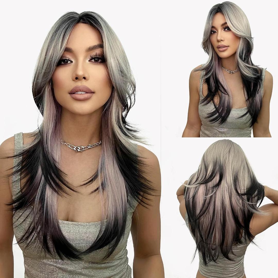 N NAYASA Ombre Blonde Wig with Curtain Bangs 22 Dirty Ash Blonde Wigs for Women Long Straight Layered Wig with Dark Roots Ends Dyed Black Blonde Mixed Pink Wigs for Daily Party Cosplay Use