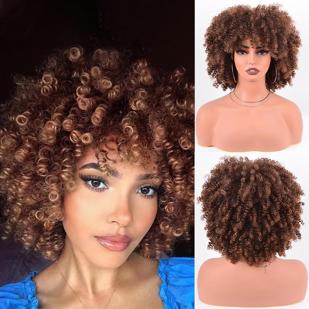 Synthetic Wig Short Ombre Brown Kinky Curly Hair Wig 10Inches 230g/Piece Afro Wigs Soft and Fluffy Like a Bomb Daily Use (Ombre Brown)