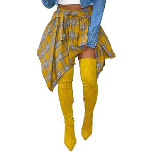 Women's Plaid Skirts High Waisted Knot Front Asymmetrical Hem Mini Skater Skirt (Yellow, L)
