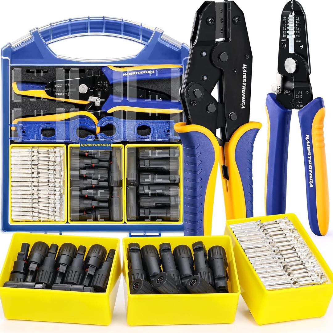 Haisstronica 25PCS Solar Crimping Tool Kit, 20 Pairs MC4 Connectors AWG14-10(2.5/4/6mm) with Stripper and Spanners for Solar Panel PV Cable Installation