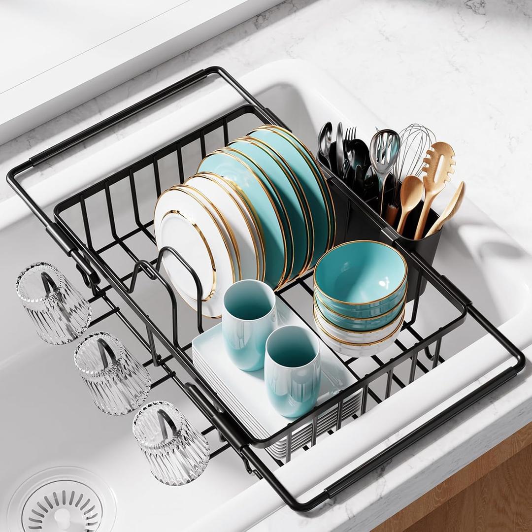 Dish Drying Rack in Sink - Expandable Stainless Steel Dish Rack Over The Sink, Kitchen Sink Drain Strainer with Cutlery Holder & Cup Holders, 15.4 x 9.8 x 3.0 Inch, Black