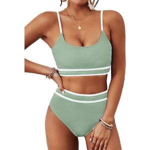BMJL Women's High Waisted Bikini Ribbed Two Piece Swimsuit High Cut Color Block Adjustable Straps Bathing Suit (Green, L)