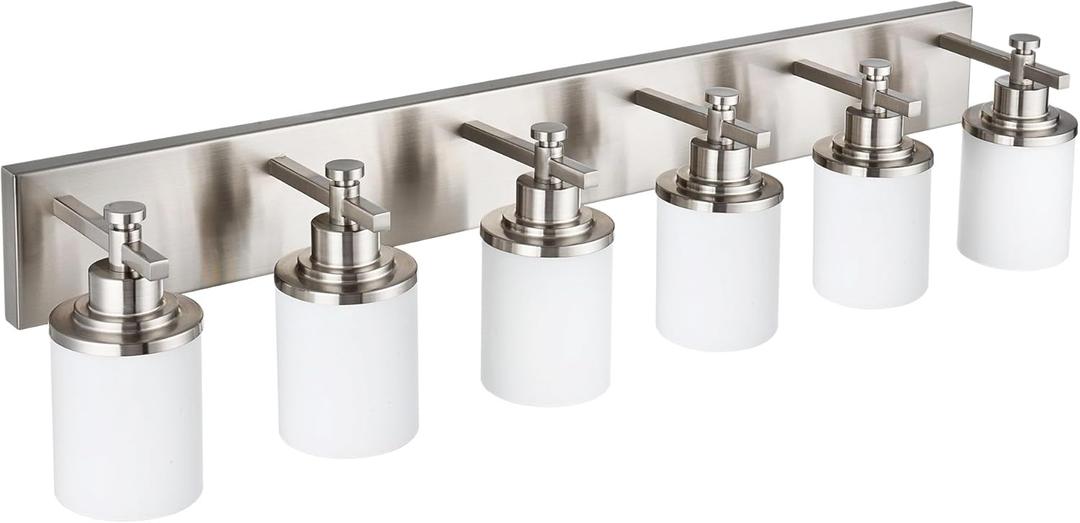 MELUCEE 6-Light Bathroom Vanity Light, Bathroom Light Fixtures Over Mirror with Milky White Glass Shade, Brushed Nickel Finish Wall Light for Kitchen Dressing Room Living Room Hallway, E26 Base