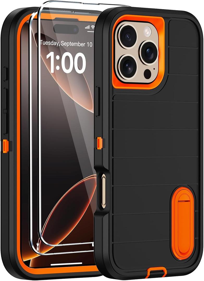 for iPhone 16 Pro Case with Screen Protector,Built-in Invisible Kickstand,Heavy Duty Shockproof Drop Protection Military Grade Tri-Layer Rugged Durable Cell Phone Cover for Apple 16 Pro Black Orange