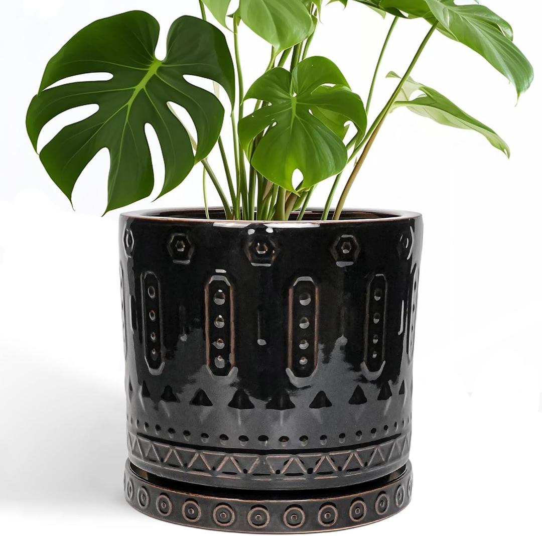 Eightpot Ceramic Planter for Indoor Plants - 10 Inch Plant Pots with Drainage Hole and Saucer, Round Decorative Flower Pots Outdoor, Boho Large Planter, Room Decor, House Warming Gifts, Black