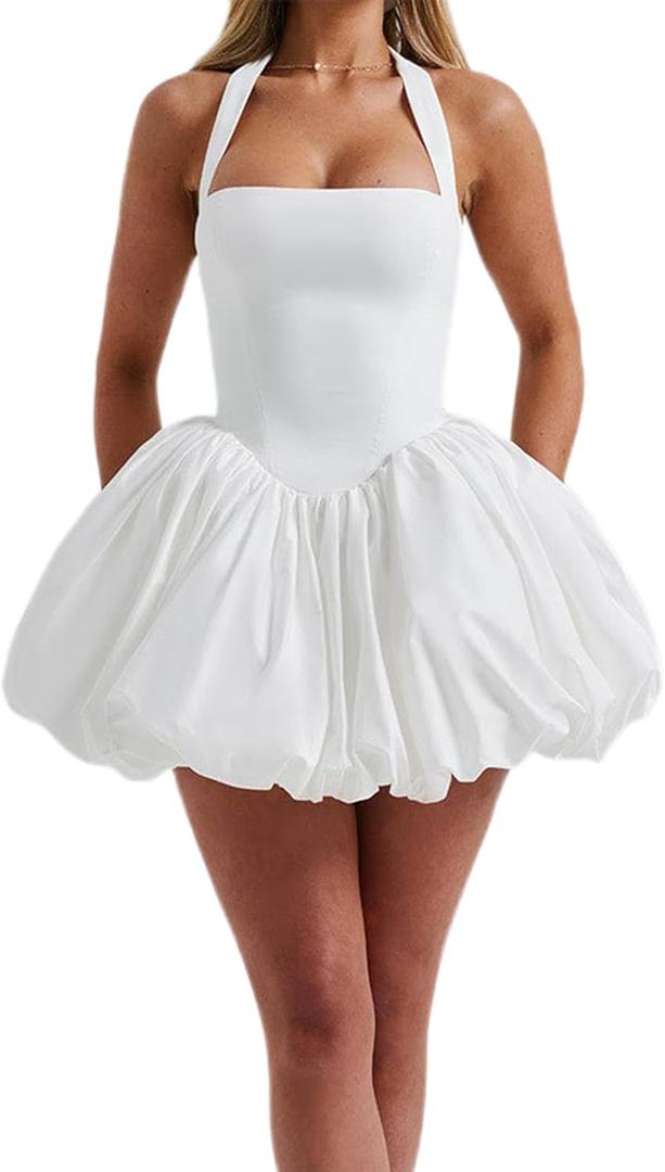 Women Bubble Mini Dress Cute Tie up Backless Sleeveless Party Short Graduation Dress Summer Dress (Medium)