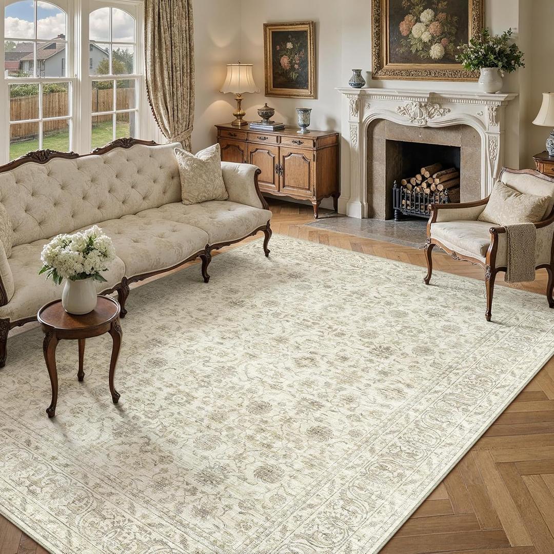 PureCozy 6x9 Area Rug Machine Washable Living Room Bedroom Vintage Distressed Non Slip Carpet Indoor Large Low Plie Thin Beige Dining Room Home Office Retro Accent Rug
