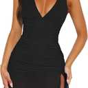 Women's Summer Halter Deep V Neck Ruched Bodycon Dress Sexy Mesh Ruffle Slit Hem Club Party Going Out Short Mini Dresses (Black, M)