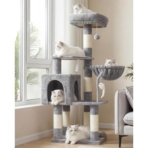 Heybly Cat Tree with Toy, Cat Tower Condo for Indoor Cats, Cat House with Padded Plush Perch, Cozy Hammock and Sisal Scratching Posts, Light Gray HCT004SW