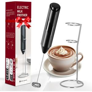 YSSOA Electric Milk Frother Handheld with Stainless Steel Stand Battery Operated Whisk Drink Mixer for Coffee, Frappe, Latte, Matcha, Black (Handheld, Black)
