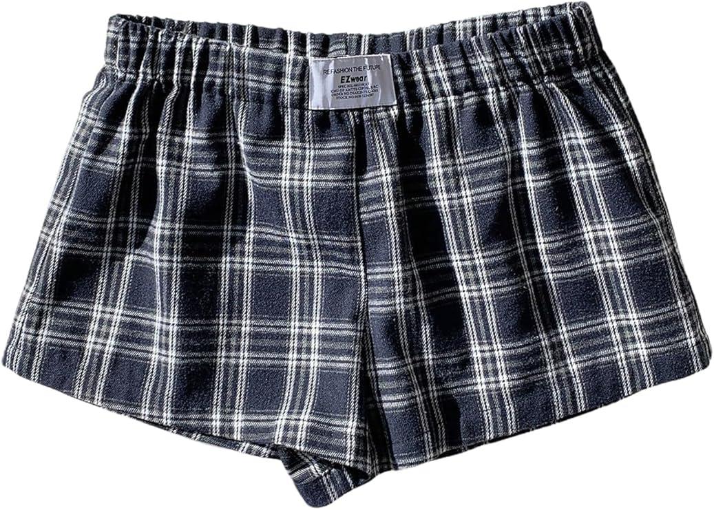 SOLY HUX Women's Plaid Shorts Y2k Elastic Low Rise Casual Summer Lounge Shorts M (Blue Plaid)