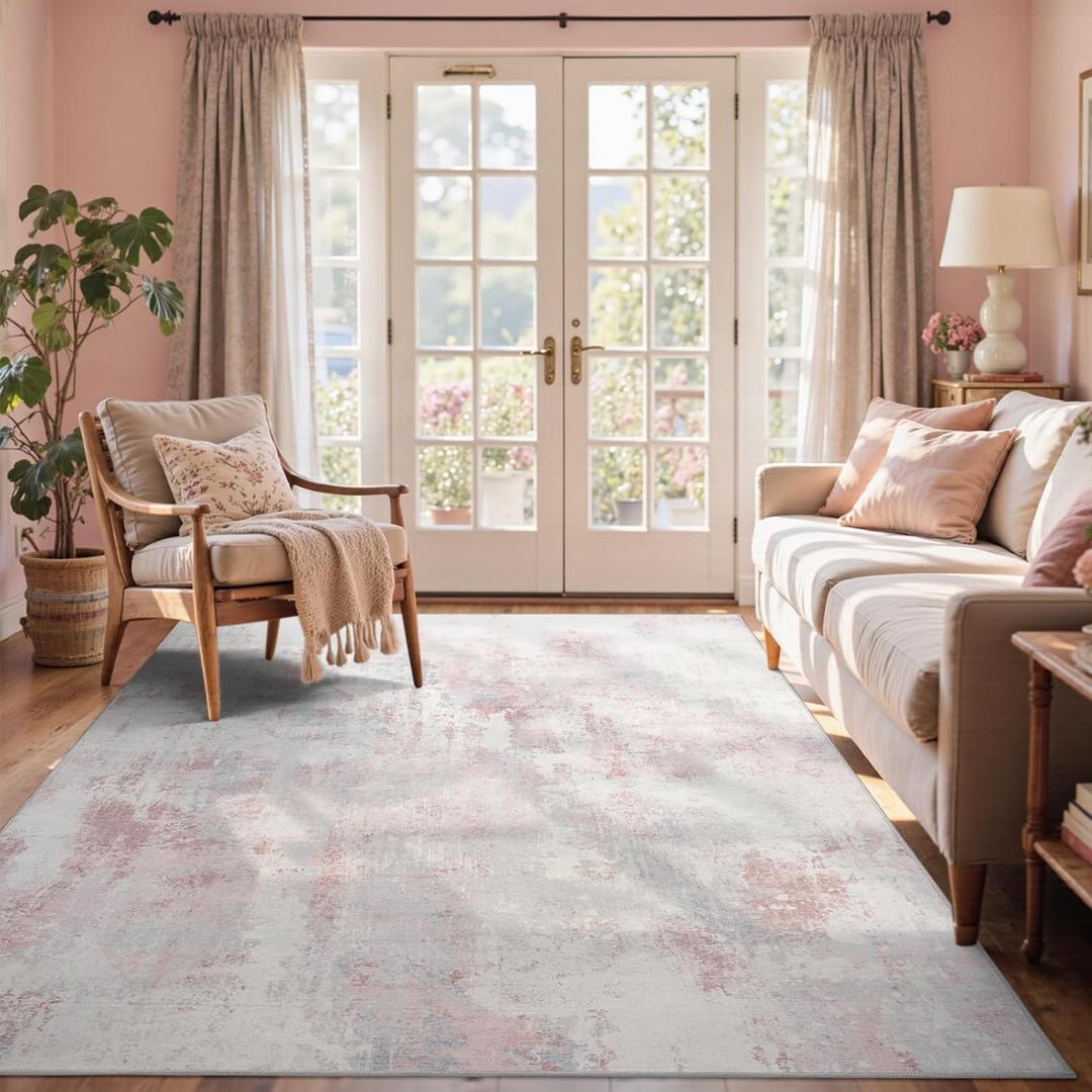 4x6 Ft Area Rugs for Living Room, Soft Non-Slip Washable Rugs Modern Abstract Pattern Carpet for Bedroom Indoor Floor Nursery Home Decor (Pink)