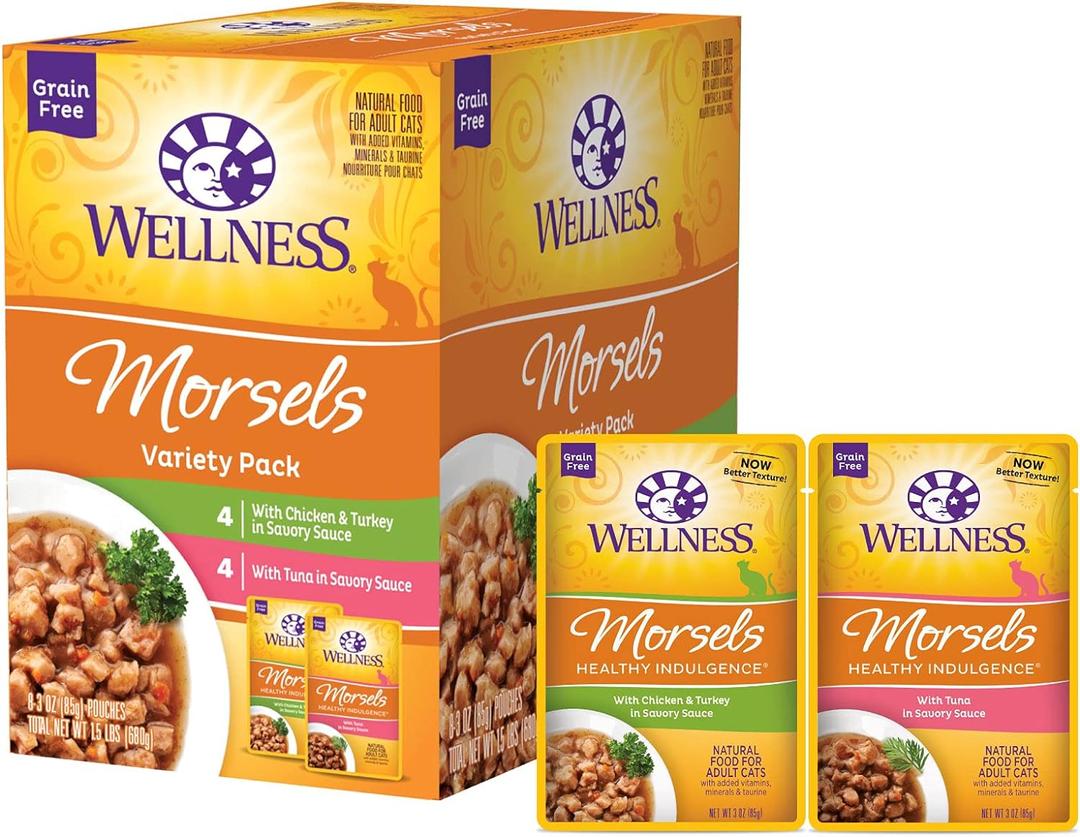 Wellness Healthy Indulgence Morsels Variety Pack Adult Wet Cat Food, Natural, Protein Rich, Grain Free, 2 Flavors, 3 oz, Pack of 8 Pouches (EXP 11/30/27)