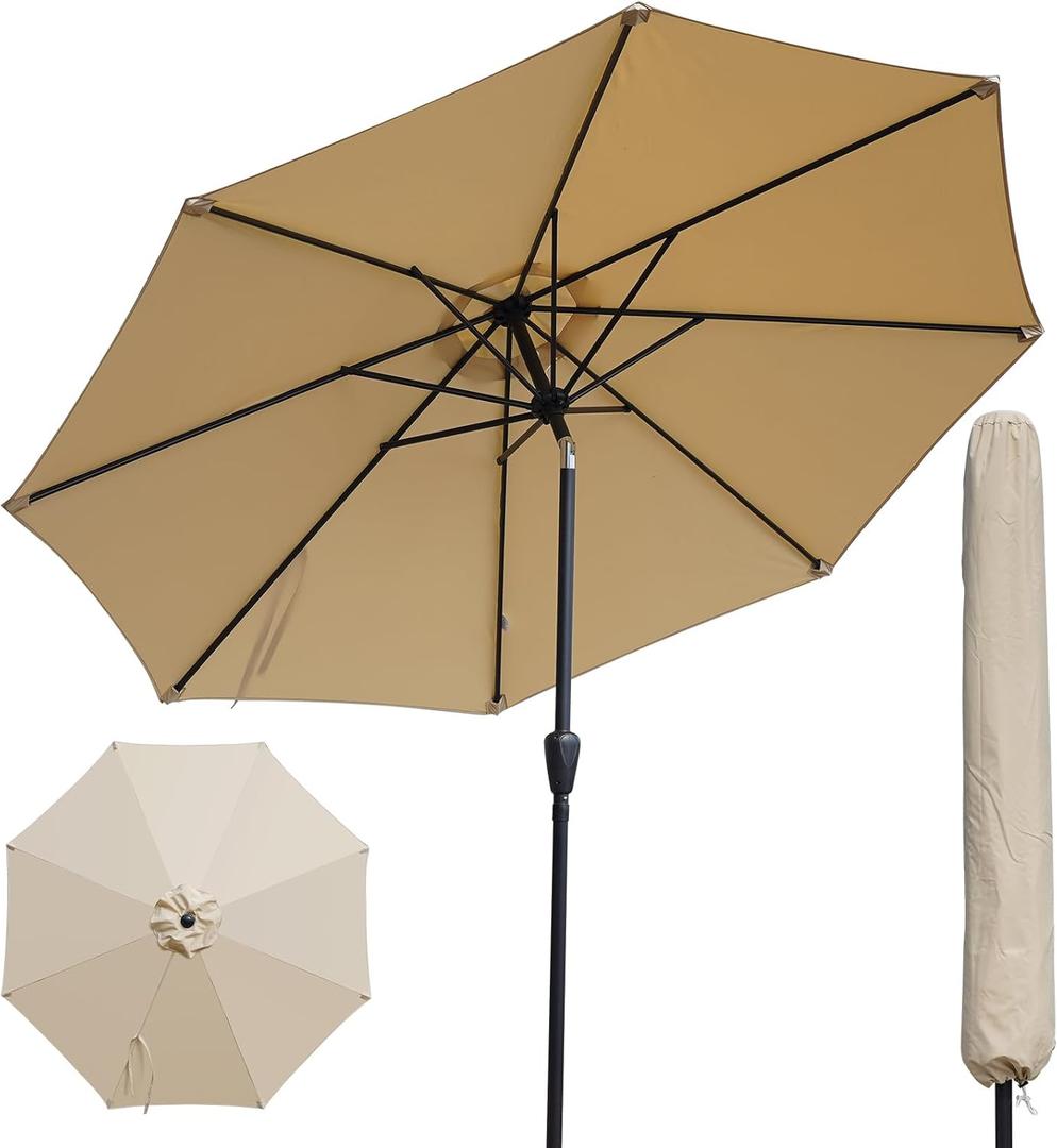 Outdoor Patio Umbrella,Patio Table Umbrella with Cover, Push Button Tilt and Crank, 8 Sturdy Ribs UV Protection Waterproof for Garden (9FT, Khaki)