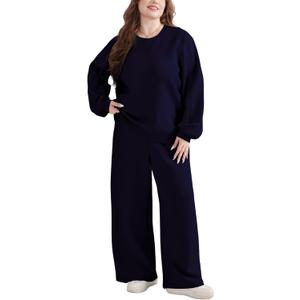 Womens 2 Piece Outfits Sweatsuit Plus Size Oversized Fall Long Sleeve Crewneck Lounge Sets Wide Leg Pants Tracksuit