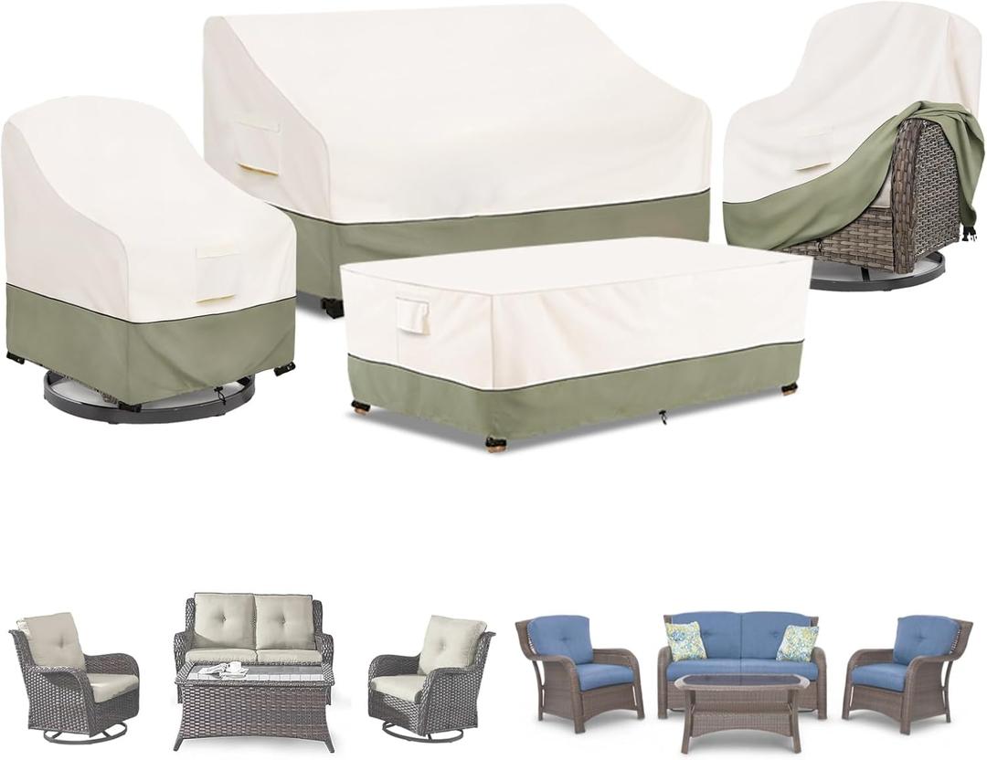 Bitubi Outdoor Waterproof Patio Furniture Covers 4-Piece Set for Swivel Rocker Chairs, Patio Loveseat 58in, Coffee Table 48in, Heavy Duty 600D Tough Canvas, Beige