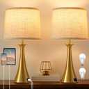 Touch Lamp for Living Room Bedroom, 21" Table Lamps Set of 2 with USB C+A Ports, Touch Bedside Lamps for Nightstand with 3 Way Dimmable, 2 LED Bulbs Included, Gold