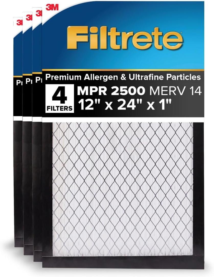 Filtrete 12x24x1 AC Furnace Air Filter, MERV 14, MPR 2500, High Performance Premium Allergen, Ultrafine Particles, Bacteria & Virus Filter, CERTIFIED Asthma & Allergy Friendly, 4-Pack