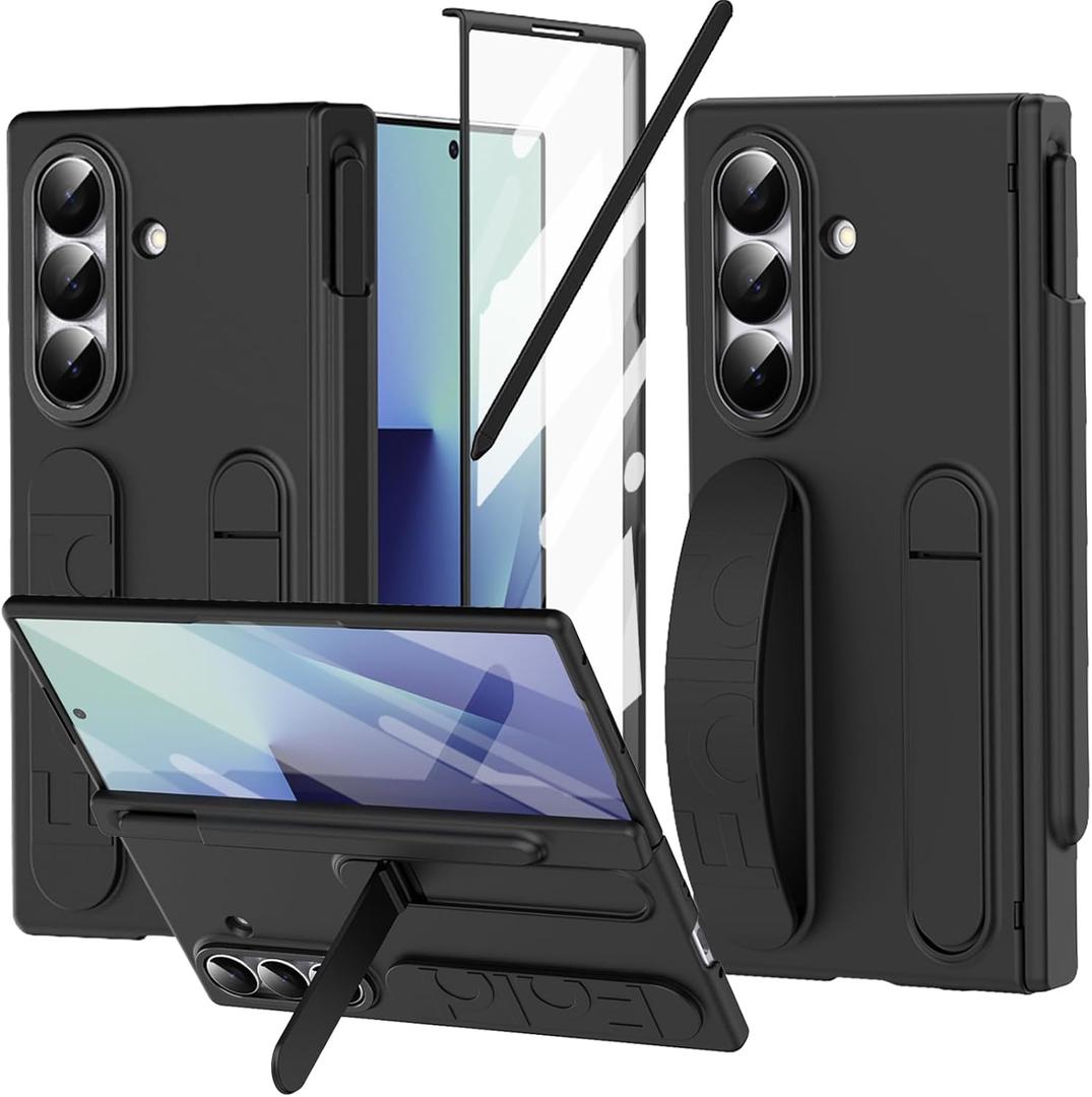 Finger Strap for Samsung Galaxy Z Fold 7 Case with S Pen Holder & Stylus, Z Fold7 Hand Strap Case Kickstand Full Coverage Screen Protector Hinge Protection Wristband Cover for Z Fold 7 Black