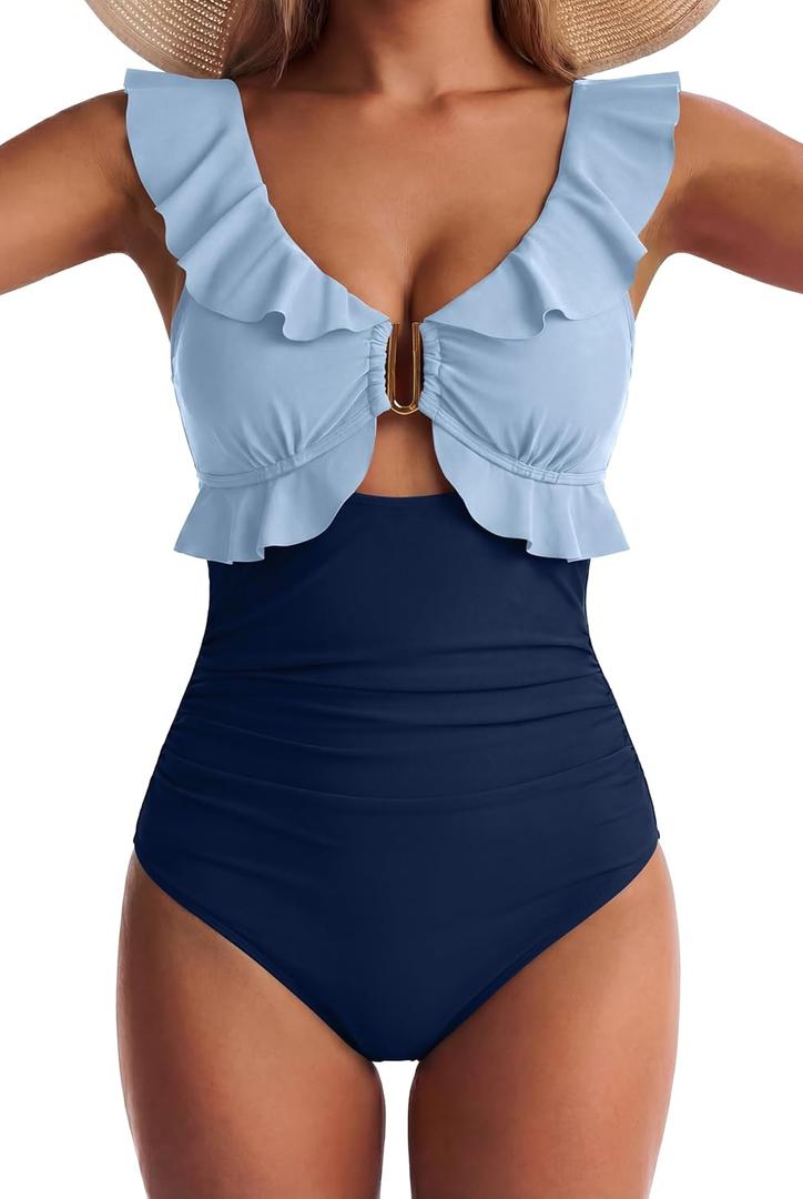 Women One Piece Swimsuit Tummy Control Ruffle Bathing Suit Cutout V Neck Swim Suit Ruched Slimming Swimwear M