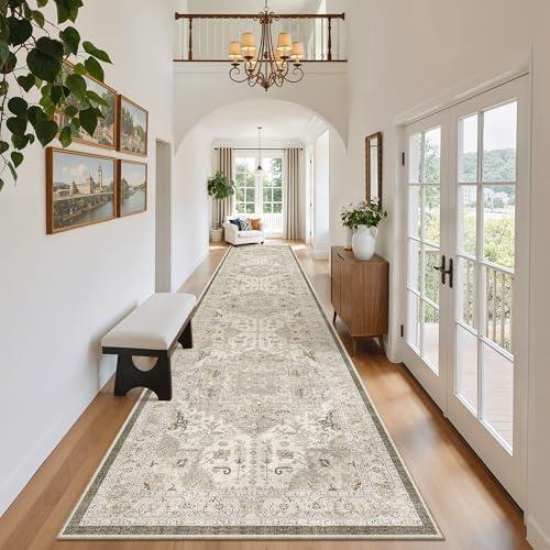 Madane Hallway Runner Rug 2'5''x14' Kitchen Runner, Non Slip Vintage Runners for Hallways Washable Kitchen Rugs Soft Low Pile 2.5x14 ft Rug Runner for Laundry Room, Entryway and Bedroom, Ivory/Brown