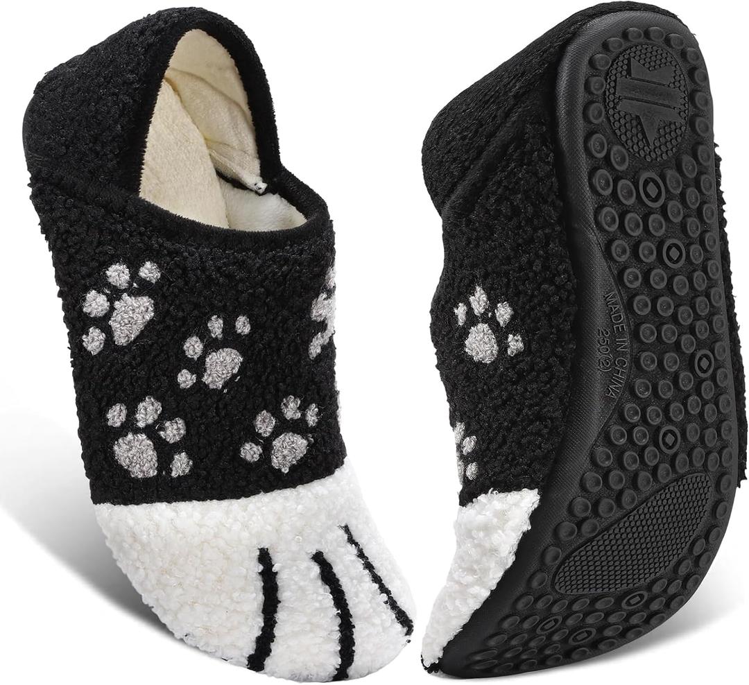 ATHMILE House Slippers for Women Men Indoor Barefoot Slippers Socks Furry Slip on House Shoes Cozy Comfy for Home Bedroom Travel Yoga (9-10 Women/8-9 Men, Black Cat Paw)