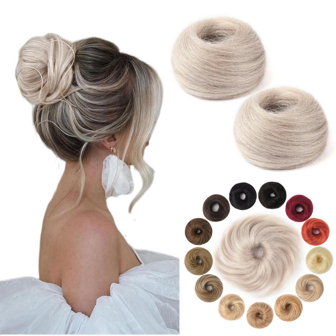 Human Hair Bun Hair Piece Grey Tousled Stretchy Fluffy Donut Updo Elastic Rubber Band Messy Buns Hair Pieces for Women(2 Count #Grey)