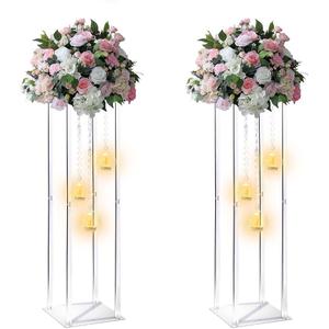 Clear Acrylic Vases Flower Stand Wedding Centerpieces with Hanging Glass Tealight Globe Candle Holders for Event Party Table Decoration Display Rack Column (2, 28 inch)