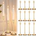 Vintage Low Metal Candlestick Holder Set - 12 Gold Taper Candles with Anti-Slip Pad for Table Centerpiece, Weddings, Dinners & Parties - 3 Sizes